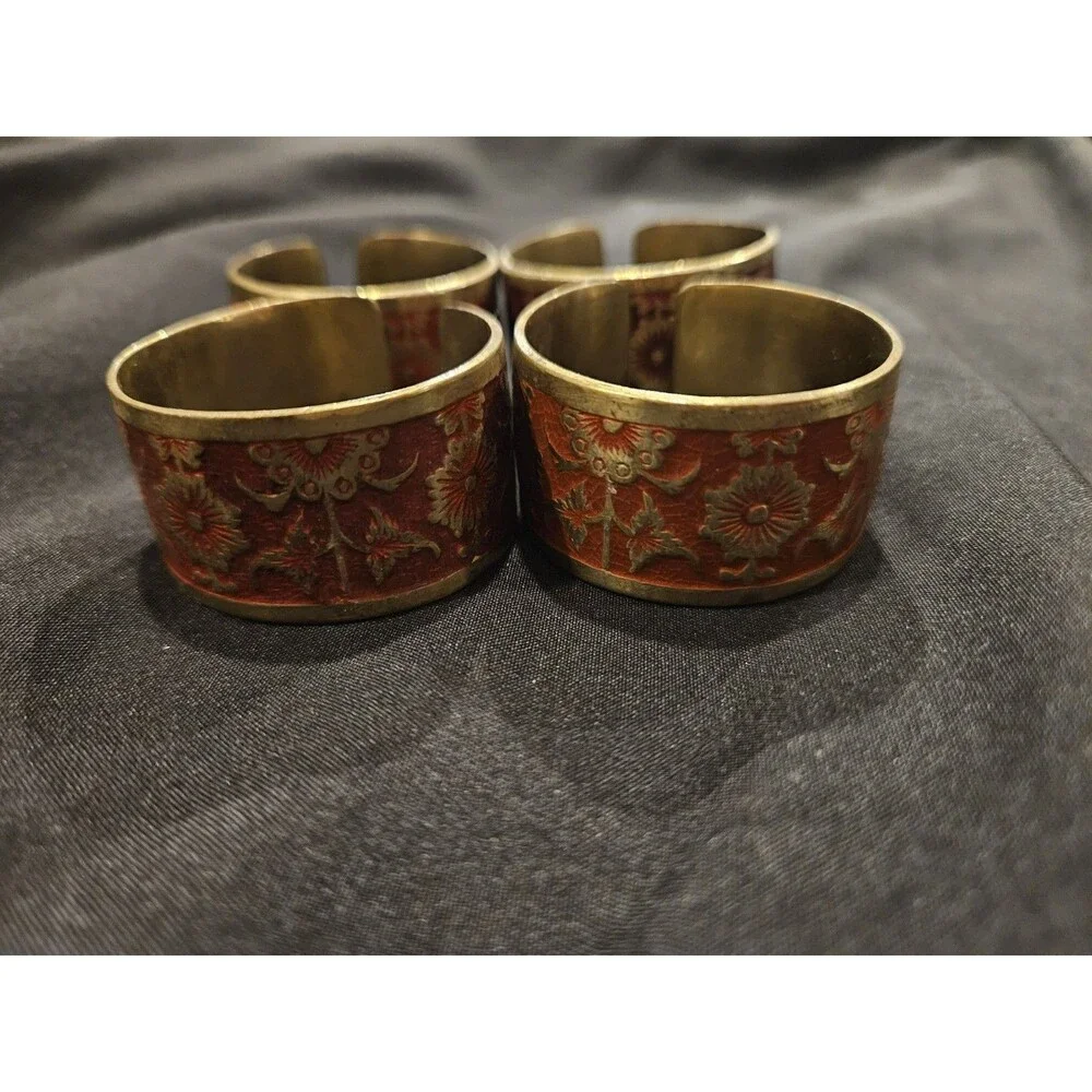 Vintage Japanese Brass and Red Enamel Napkin Rings (4)